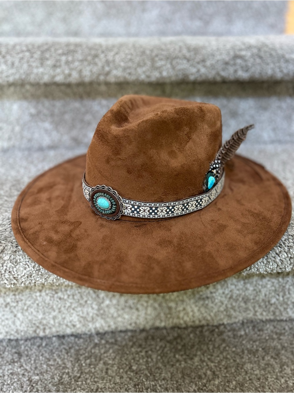 The Modern Cactus Co Made in Mexico Faux Suede Hat w turquoise feather details